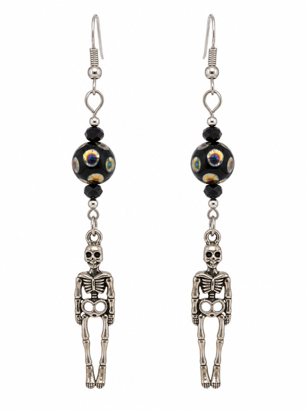 Skull Dangle Earrings with Black Polka Dot and Crystal Beads